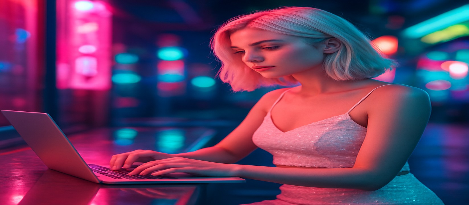 A woman sits under neon lights, playing a flight-themed arcade game on a laptop via tk444's platform.