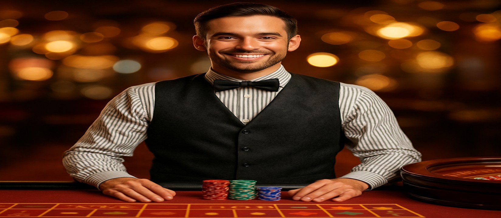 A friendly host beside a live game table within the tk444 gaming platform scene