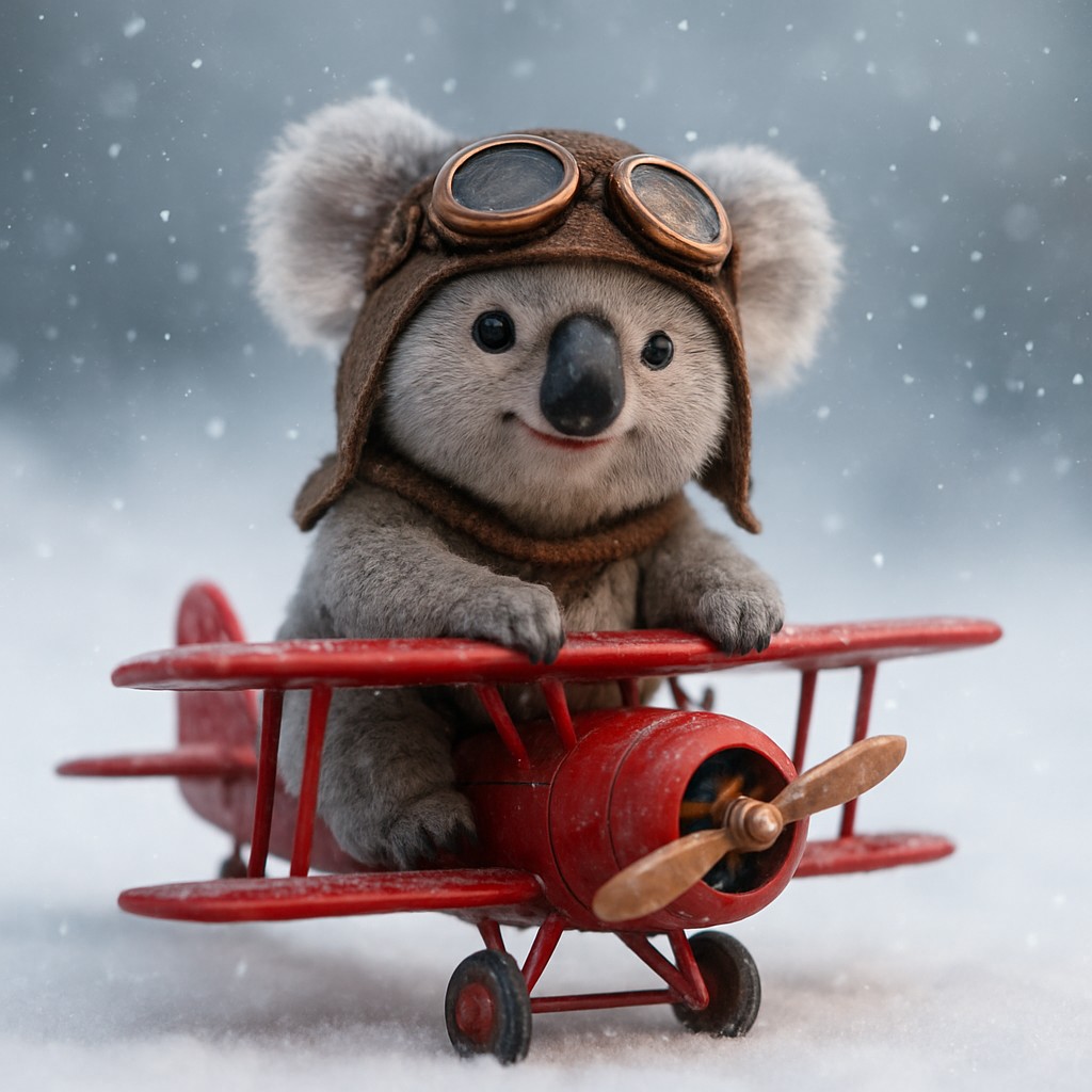 A cartoon-styled pilot soars across the sky aboard a red propeller airplane, a playful scene presented by tk444.