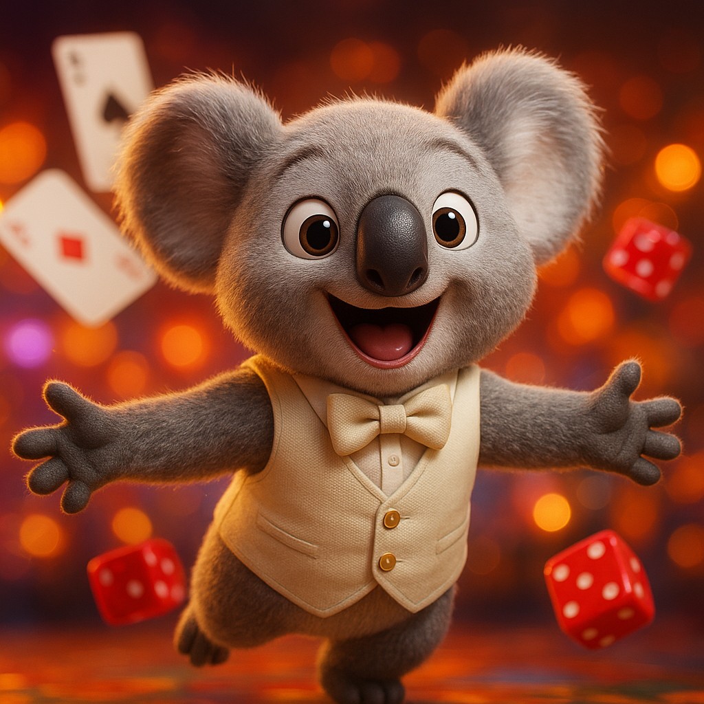 A thrilled character stands amid a halo of golden light, with cards and dice nearby, presented by tk444.