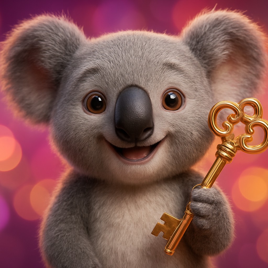 In a vibrant gaming backdrop, a delighted character holds a golden key, a scene highlighted by tk444.