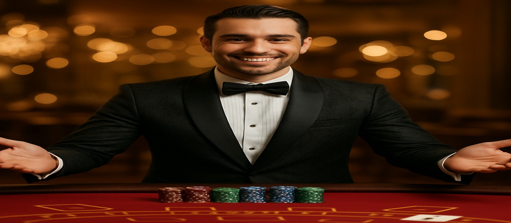Confident live gaming platform dealer warmly greets players, as presented by tk444.
