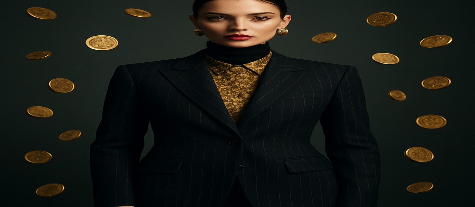 A woman in a black striped outfit with a golden glow, surrounded by floating gold coins