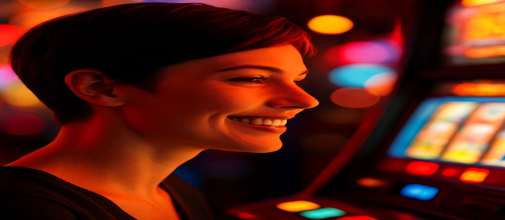 A beaming woman enjoys an arcade game illuminated by colorful